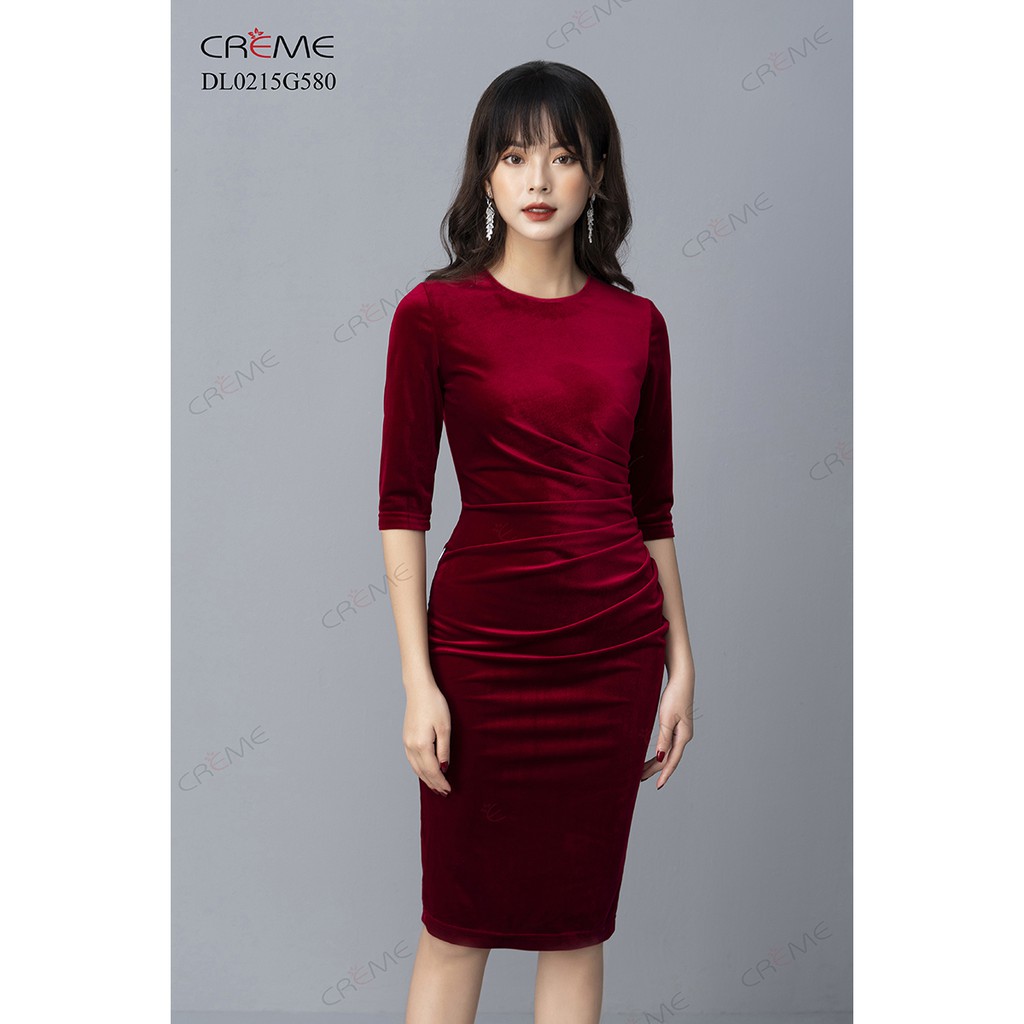 Đầm nhung nữ ôm dự tiệc cổ đổ thắt eo,đầm liền nữ công sở nhung tuyết sang trọng DL0215 | Creme