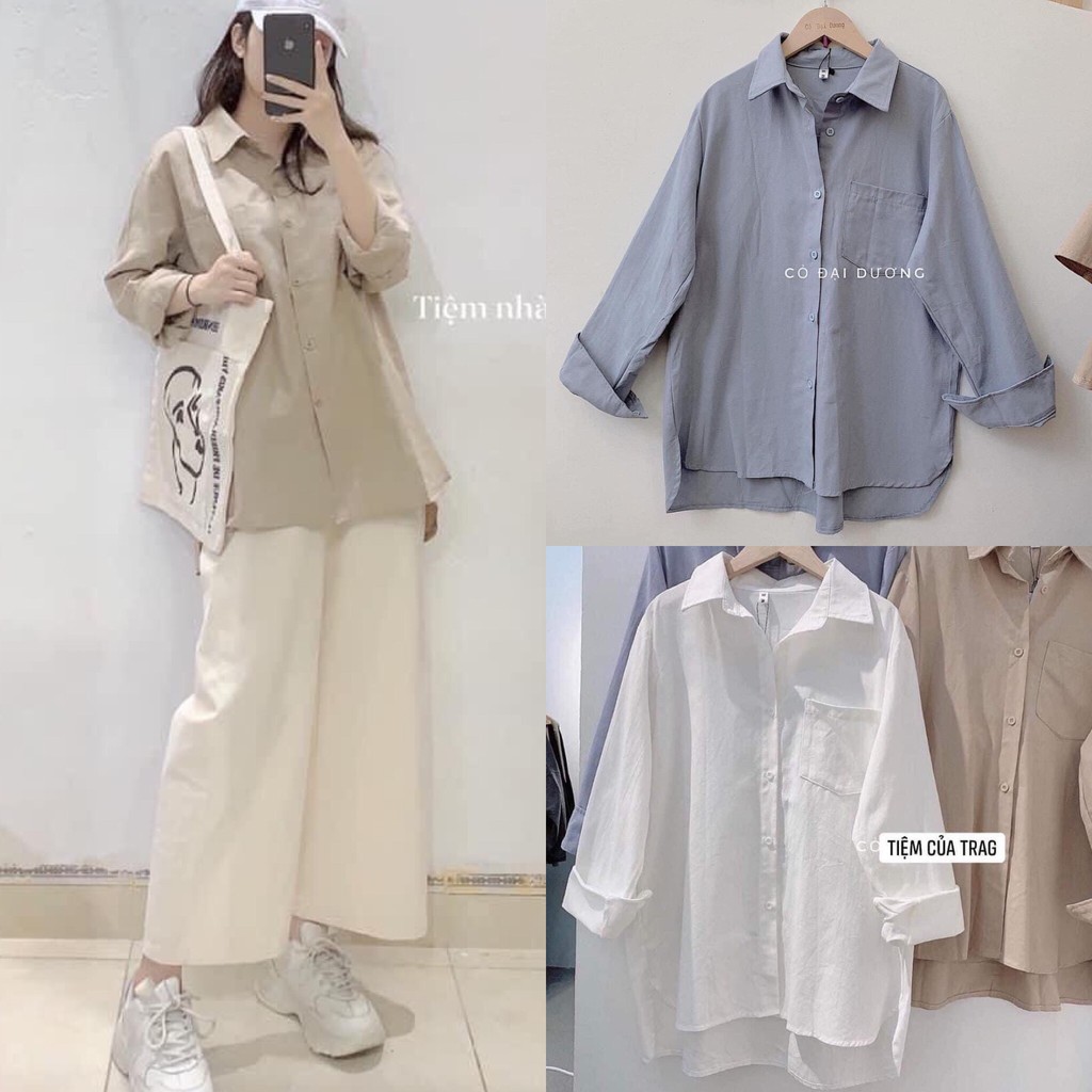 Áo sơ mi nữ dài tay TRƠN Basic Unisex Dáng Rộng Trắng và Xanh, Nâu Kiểu áo sơ mi nữ tay dài form rộng ( Đũi ) | BigBuy360 - bigbuy360.vn