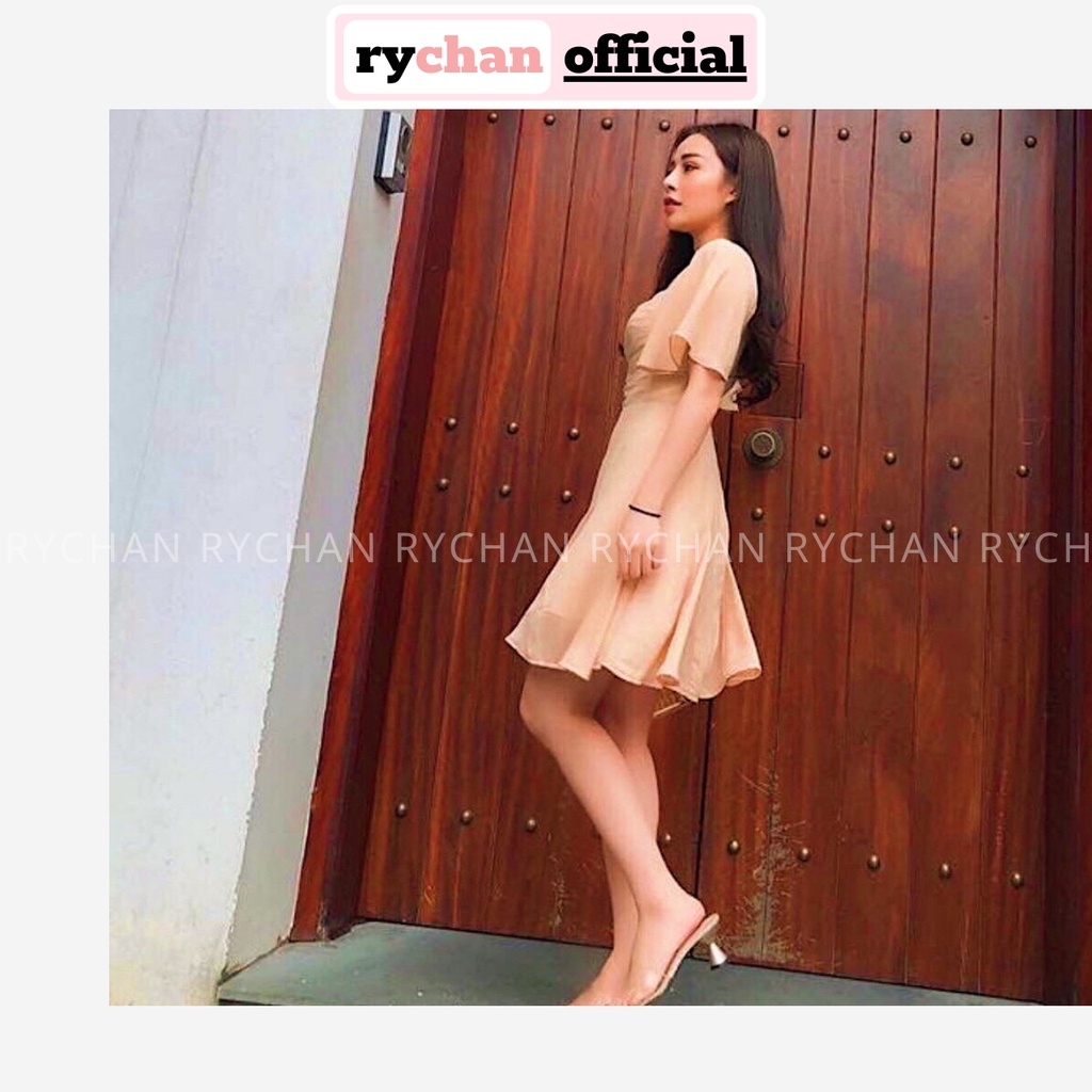 Đầm Xòe Nude Xếp Ngực Cổ Vuông Tay Loe 2 Lớp Lót Trong Dày Dặn - DX592