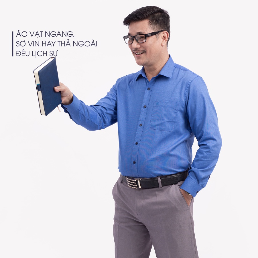 Áo Sơ Mi Nam Dài Tay Trung Niên ANCHI Màu Xanh Biển Trơn Vải Sợi Tre Cao Cấp