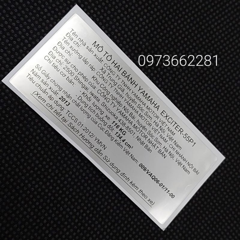 Tem dán càng gấp, gắp EXCITER 135 2013.55P1, Tem năm Sản xuất