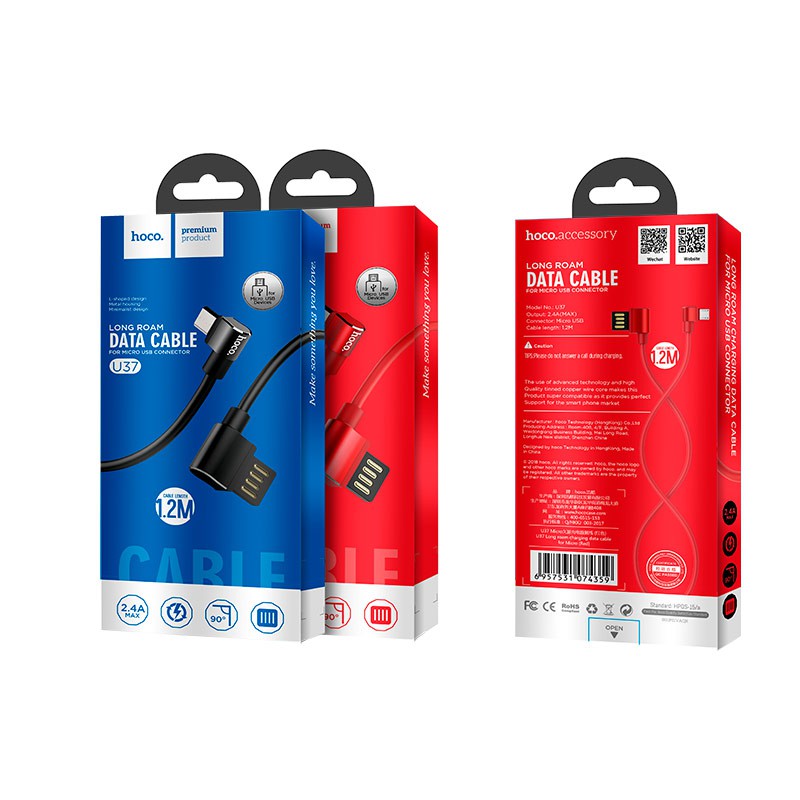 Cáp sạc nhanh Hoco U37 cho iPhone/ Android/ iPad, đầu chữ L, dây dài 1.2m - Chính hãng