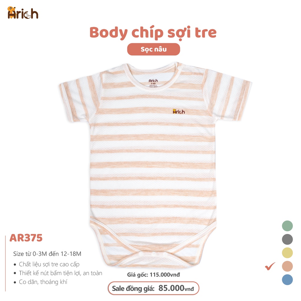 Bộ body chíp cộc tay vải sợi tre phối sọc Arich, sơ sinh (newborn) đến 18 tháng