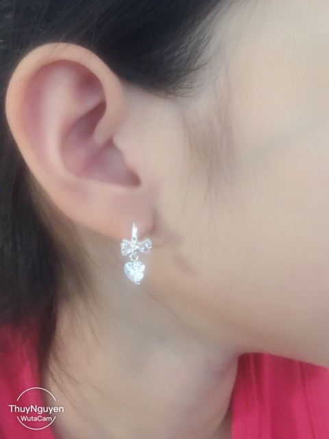 Khuyên tai nơ treo tim đá nhân tạo tròn đính tai bạc thật cao cấp