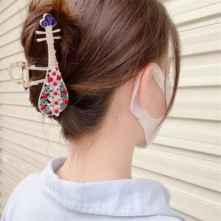 Haimeikang Kẹp tóc cỡ lớn hình đàn ti bà đính đá và ngọc trai giả thời trang cao cấp cho nữ