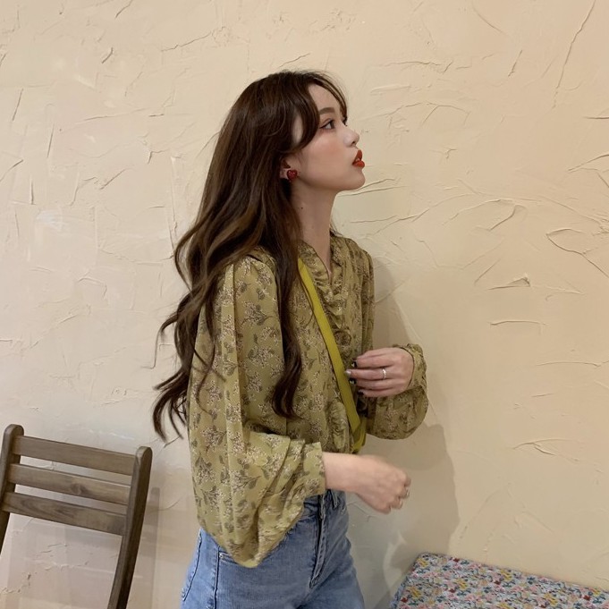 Xiaozhainv Áo Sơ Mi Voan Tay Dài Cổ Chữ V Phối Bèo Họa Tiết Hoa Phong Cách Hàn Quốc