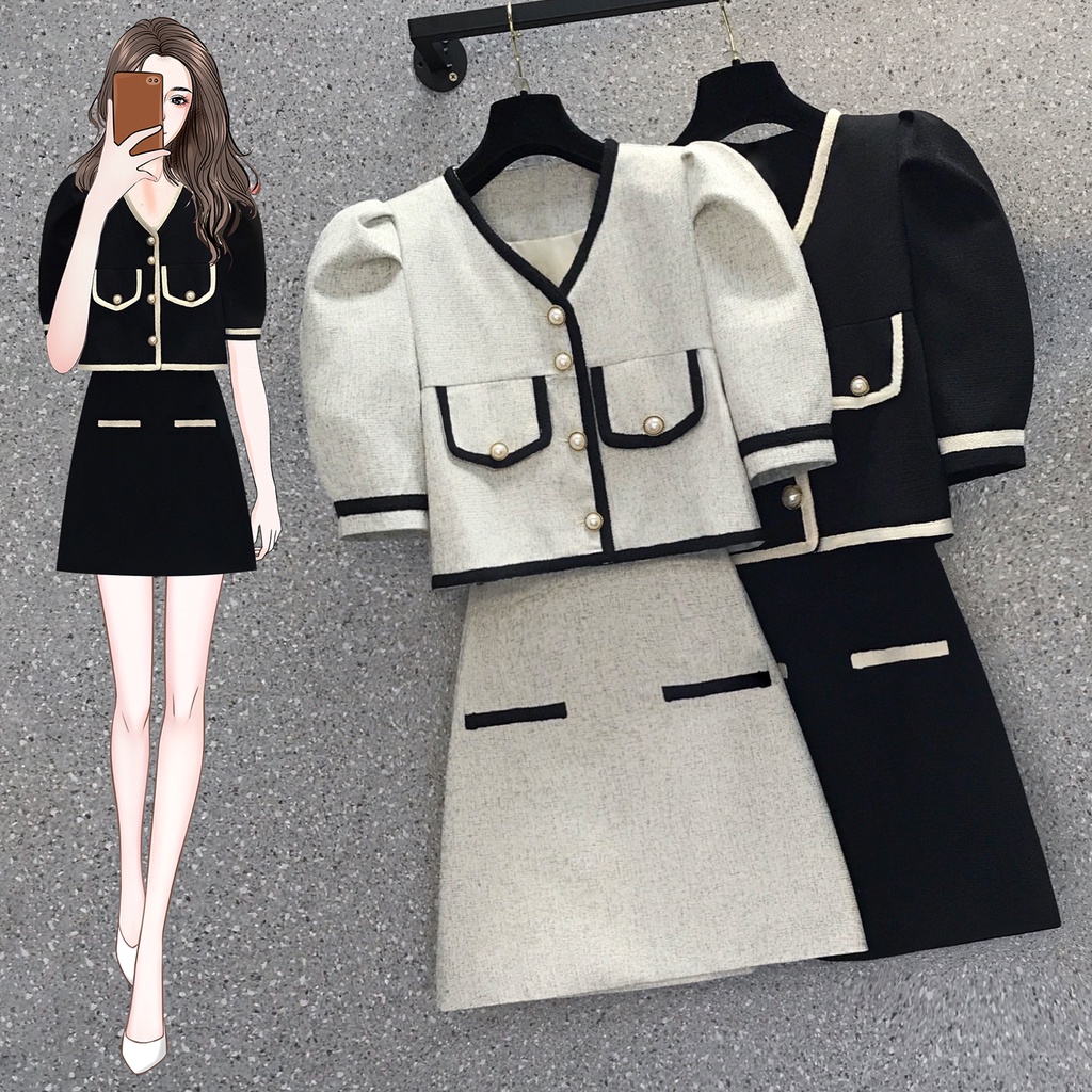 🌸Hàng Order🌸Váy Đầm Bigsize Sét Dạ Áo Cổ V Tay Bồng Phối Cúc Kết Hợp Chân Váy Chữ A Sang Chảnh🌸Hàng Quảng Châu