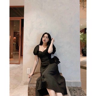 ĐẦM MIDI ĐEN CỔ TIM TAY BỒNG