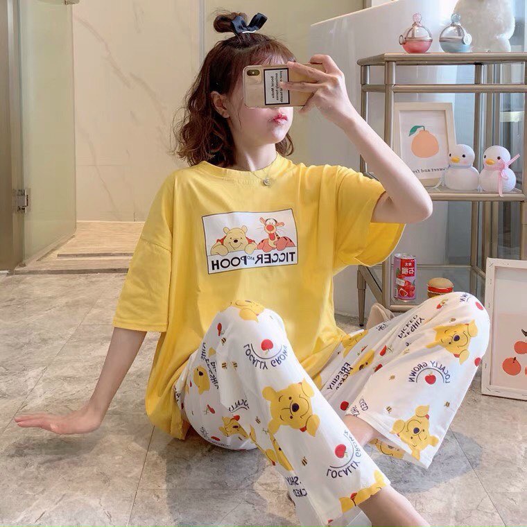 Set đồ bộ nữ thun lạnh cotton in hình 3D pooh cực dễ thương, chất thun cotton mềm mịn, thoải mái, form chuẩn