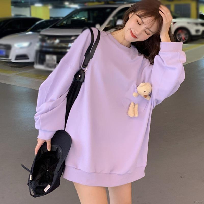 Áo sweater dài tay màu trơn trang trí gấu đáng yêu | BigBuy360 - bigbuy360.vn