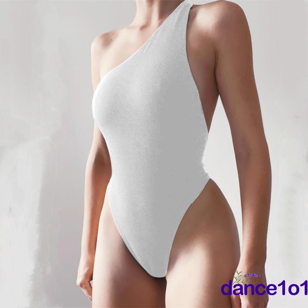 ✩Mn☾Áo Liền Quần Một Mảnh Lệch Vai Không Tay Màu Trơn Cho Nữ