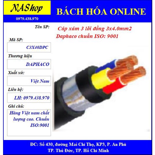 NaShop - Dây điện, cáp điện 3 lõi FA-3x1.5-FA-3x2.5,3x4.0 , Daphaco chuẩn ISO 9001, Việt Nam, thiết bị điện
