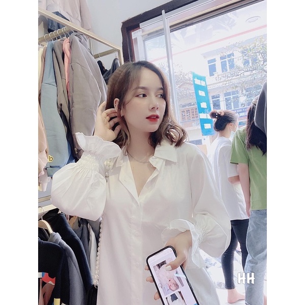 Áo sơ mi trắng chun tay áo cổ bẻ dúm tay cực xinh chất đũi tơ xước