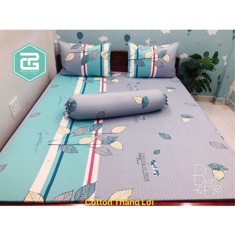 Bộ ga gối Thắng Lợi {4 món}100% Cotton chuẩn logo họa tiết Lá Cây
