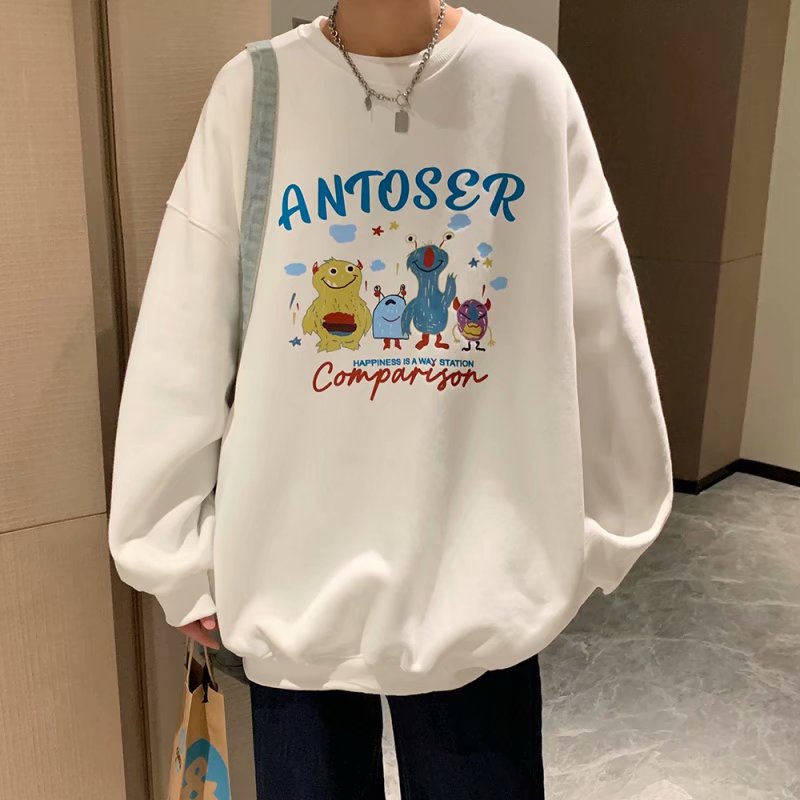 Áo sweater thể thao tay dài cổ tròn dáng rộng họa tiết hoạt hình phong cách đường phố hong kong cho nam
