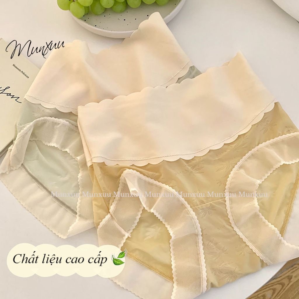Quần lót nữ cạp cao hỗ trợ gen bụng thon gọn MUNXUU, vải ren gấm phối cạp su bản to định hình vòng eo - GB16