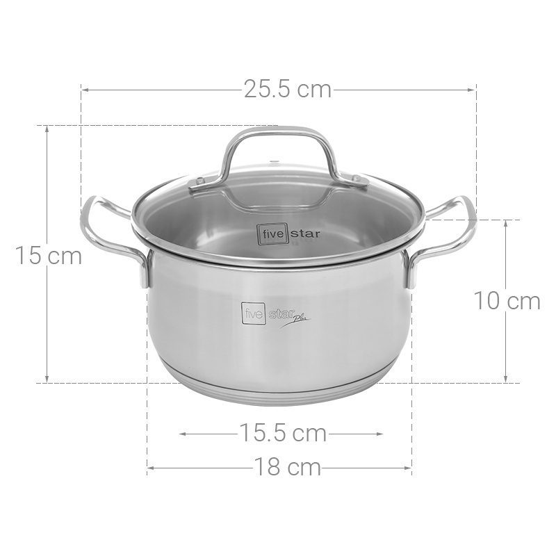 Nồi 5 đáy inox 304 cao cấp Fivestar Plush nắp kính , dùng tốt mọi bếp size 16/18/20/24cm