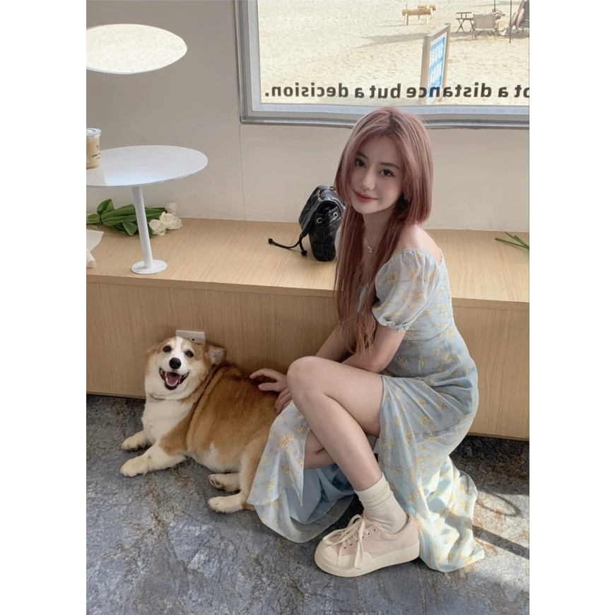 ĐẦM XANH HOA VÀNG TAY BỒNG RÃ NGỰC CHUN SAU LƯNG