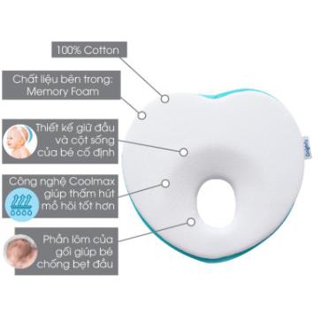 Gối chống bẹt đầu Comfybaby hình trái tim, màu trắng viền xanh, chất liệu Memory Foam và Cotton 100%