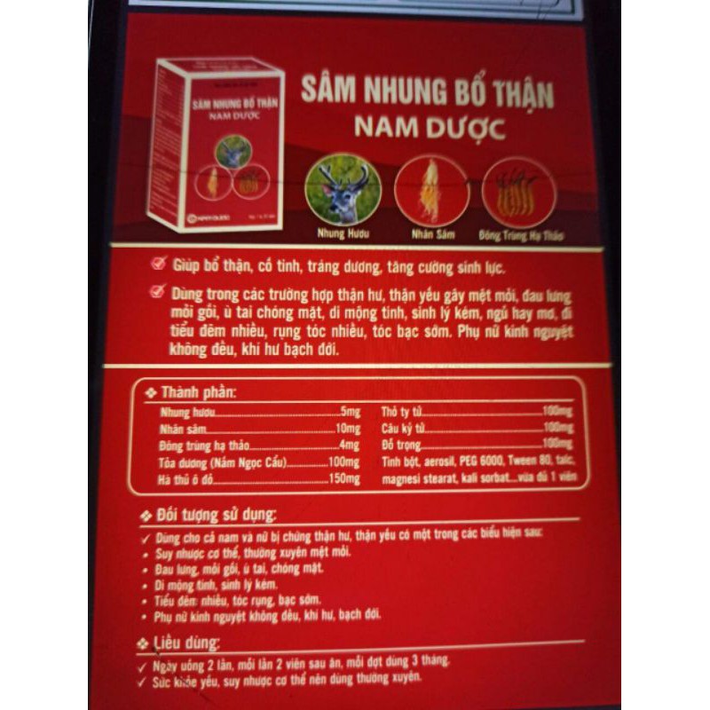 Sâm Nhung bổ thận Nam dược dùng cho cả nam và nữ thận yếu tiểu đêm nhiều lần.