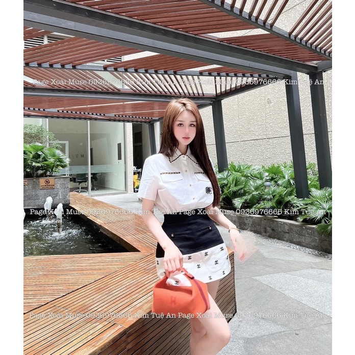 SET ÁO SƠ MI TRẮNG VIỀN ĐEN + CHÂN VÁY ĐEN PHỐI TRẮNG HOẠ TIẾT