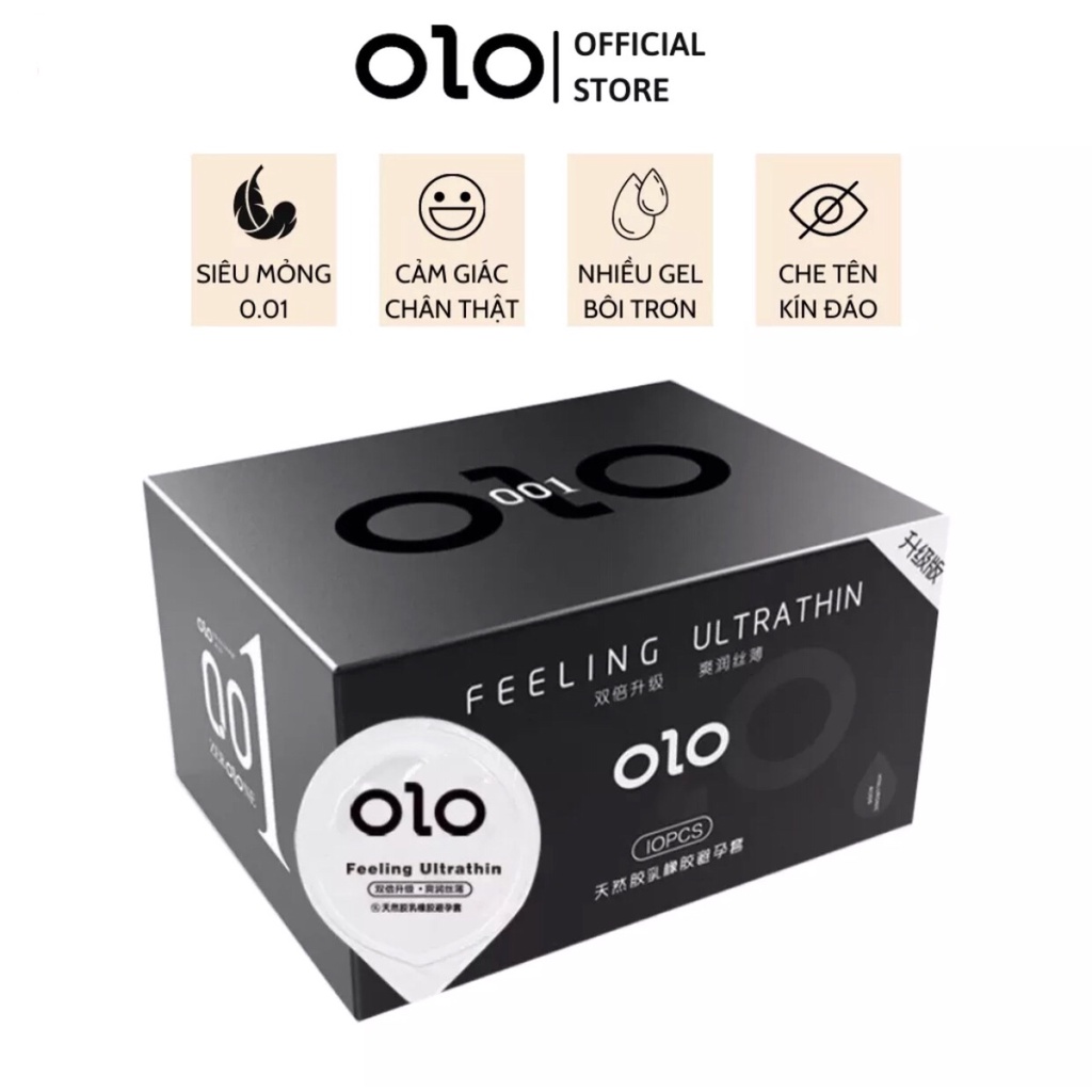 Bao Cao Su 001 OLO Đen Feeling Ultrathin Siêu Mỏng Lửa Băng 2 Trong 1 kéo dài thời gian - Hộp 10 BCS