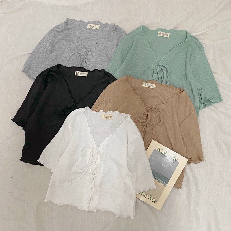☈✓☫Áo croptop cộc tay viền lượn sóng cổ v đan dây trước ngực siêu xinh phong cách ulzang Hàn Quốc