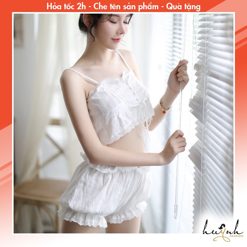Bộ đồ ngủ croptop tiểu thư hai mảnh dễ thương chất đũi cao cấp- N84