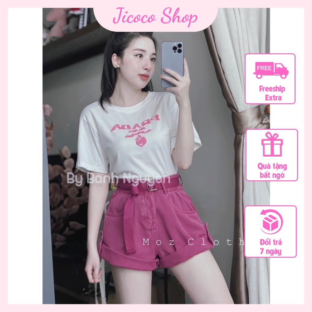 Quần jean nữ đùi ngắn lưng cao ống lật hồng đơn giản cao cấp ống suông chất liệu vải bò dày dặn giá rẻ
