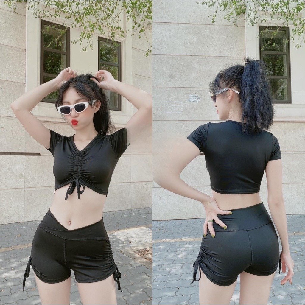 Set Bộ Quần Đùi Áo Croptop Dây Rút Cực Xinh (Đồ Tập Gym-Yoga Nữ)