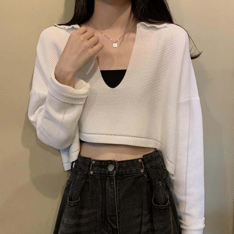 Áo croptop dệt kim tay dài cổ chữ V thời trang phong cách Hàn Quốc