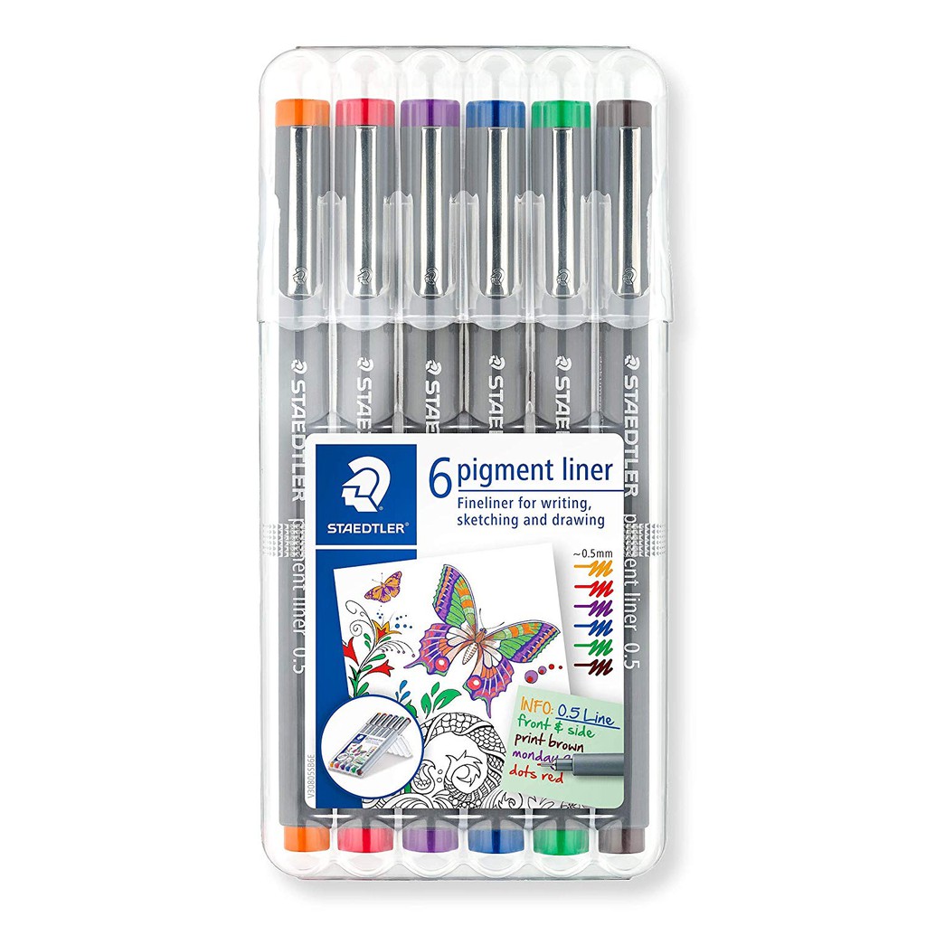 Vỉ 6 bút đi nét chuyên nghiệp STAEDTLER 308 Pigment Liner gồm 6 màu mực (Xanh lá, đỏ, cam, xanh biển, tím, nâu)