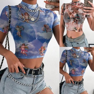 Áo crop top lưới xuyên thấu in hình thiên thần Cupid