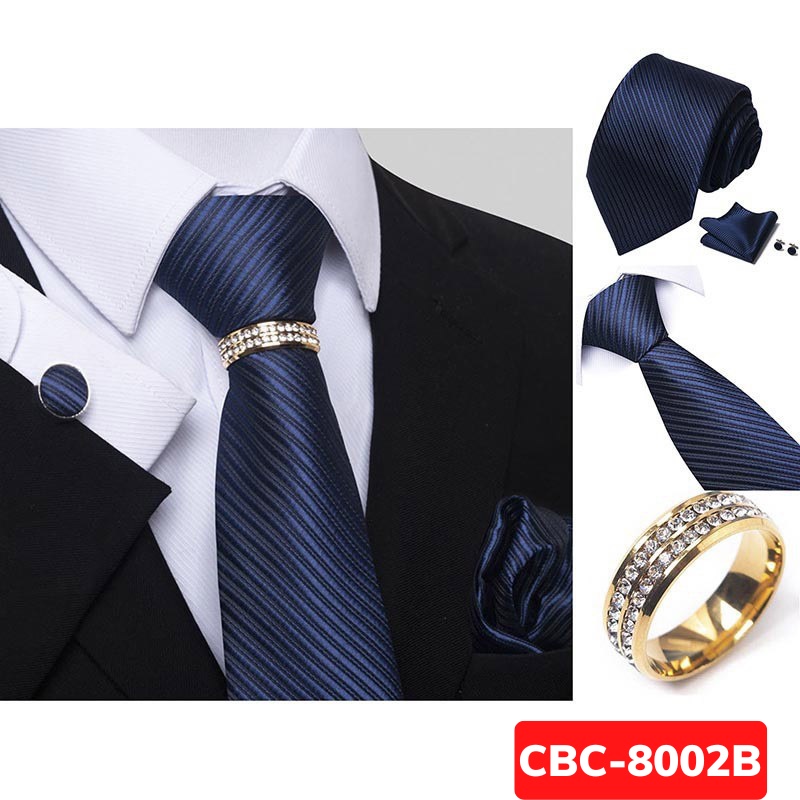 Bộ Cà vạt 4 món gồm Cavat 8cm, khăn cài túi, Măng-set, Nhẫn tròn phụ kiện sang trọng, Cravat chú rể, Calavat công sở