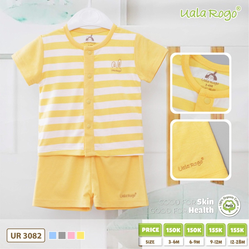 Bộ cộc tay cài giữa UALA &amp; ROGO vải organic cotton &amp; petit hè mát 3082