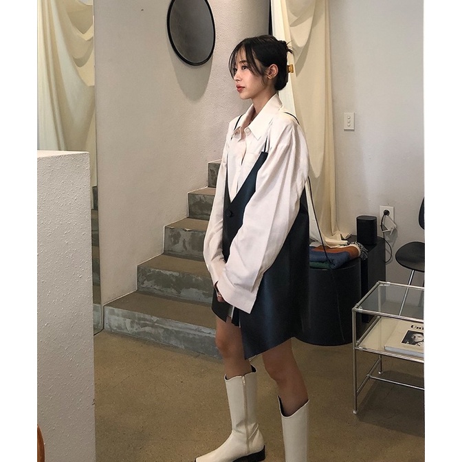 Áo yếm da khuy cài phong cách Hàn Quốc