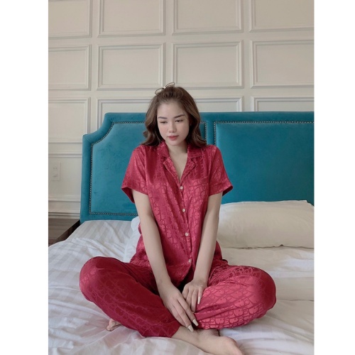 Bộ Pijama Cao Cấp Chất Lụa Gấm Tay cộc - Quần Dài