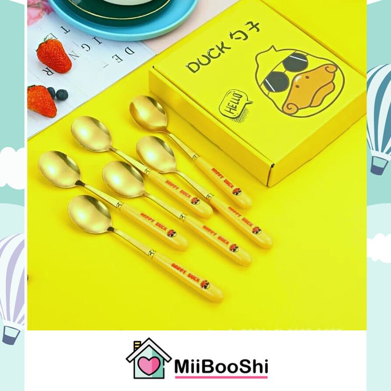 Bộ 6 thìa inox mạ vàng Duck cán dài muỗng ăn siêu dễ thương full hộp MIIBOOSHI D2.095