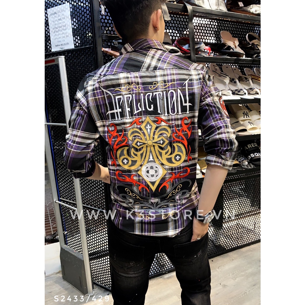 Áo sơ mi tay dài nam caro thêu full áo Affliction BIG MAX LOGO sọc caro tím trắng form body thiết kế K3 STORE