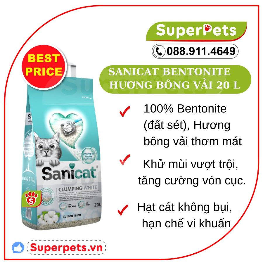 Cát Vệ Sinh SANICAT BENTONITE HƯƠNG BÔNG VẢI 20 L Siêu Vón Cục, Khóa Mùi Vượt Trội  Nhập Tây Ban Nha SUPERPETS VIỆT NAM