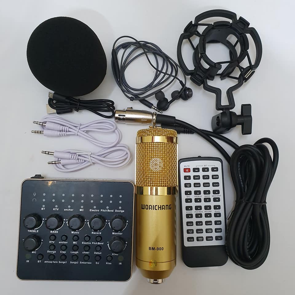 bộ míc hát thu âm livestream karaoke online micro woaichang bm900 card v10 có điều khiển tặng tai nghe AKG