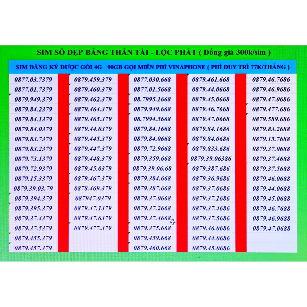 Sim 4G chọn số THẦN TÀI - LỘC PHÁT intel đồng giá 300k có gói V77 90GB/tháng free gọi vina