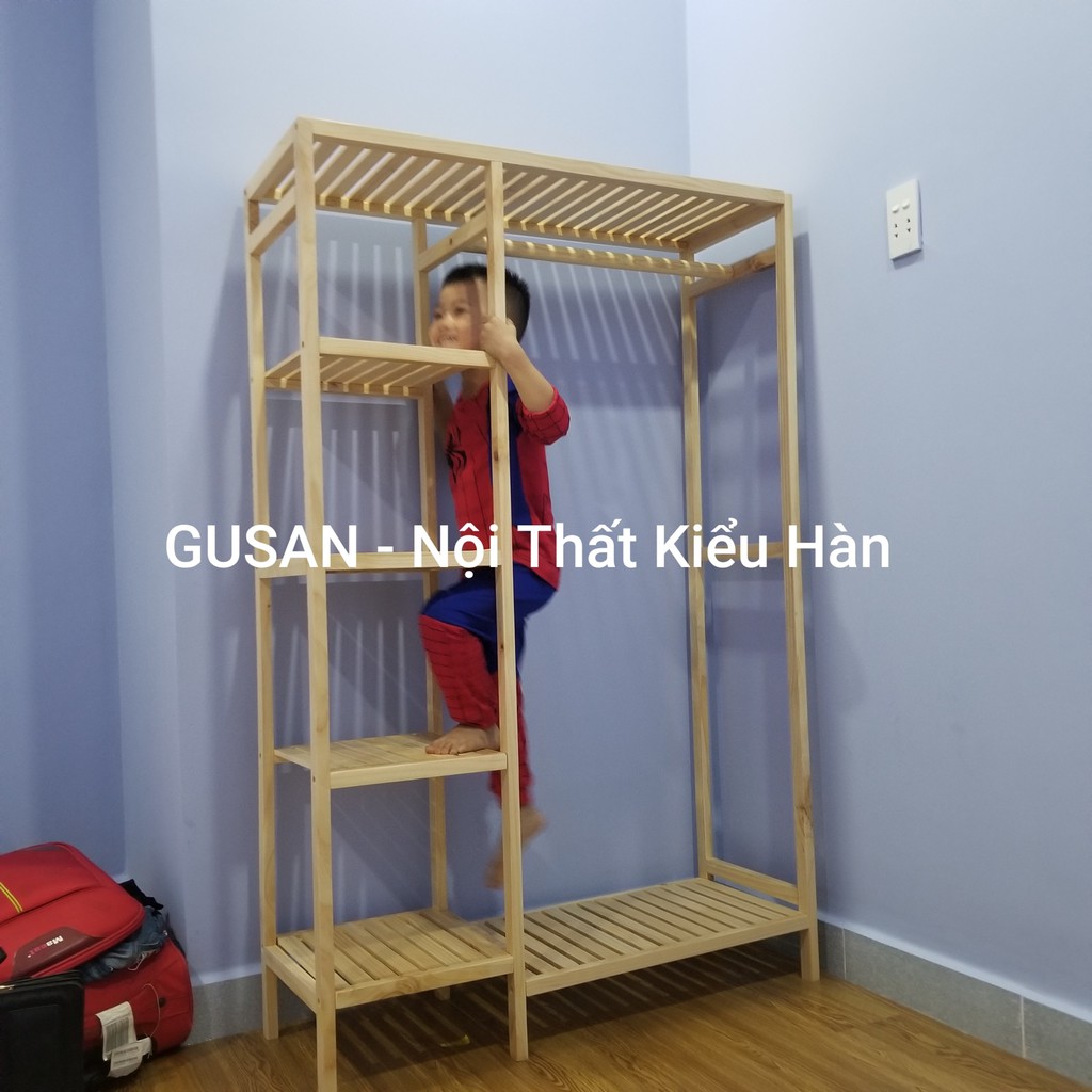 Kệ Tủ treo quần áo bằng gỗ thông minh 2 ngăn GUSAN, dùng cho shop thời trang, giá treo quần áo thông minh | BigBuy360 - bigbuy360.vn