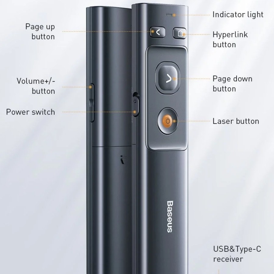 Bút Laser trình chiếu Baseus cho Laptop Macbook 30m 2.4Ghz 2 đầu USB Type C Điều hướng slide Powerpoint dừng bật video