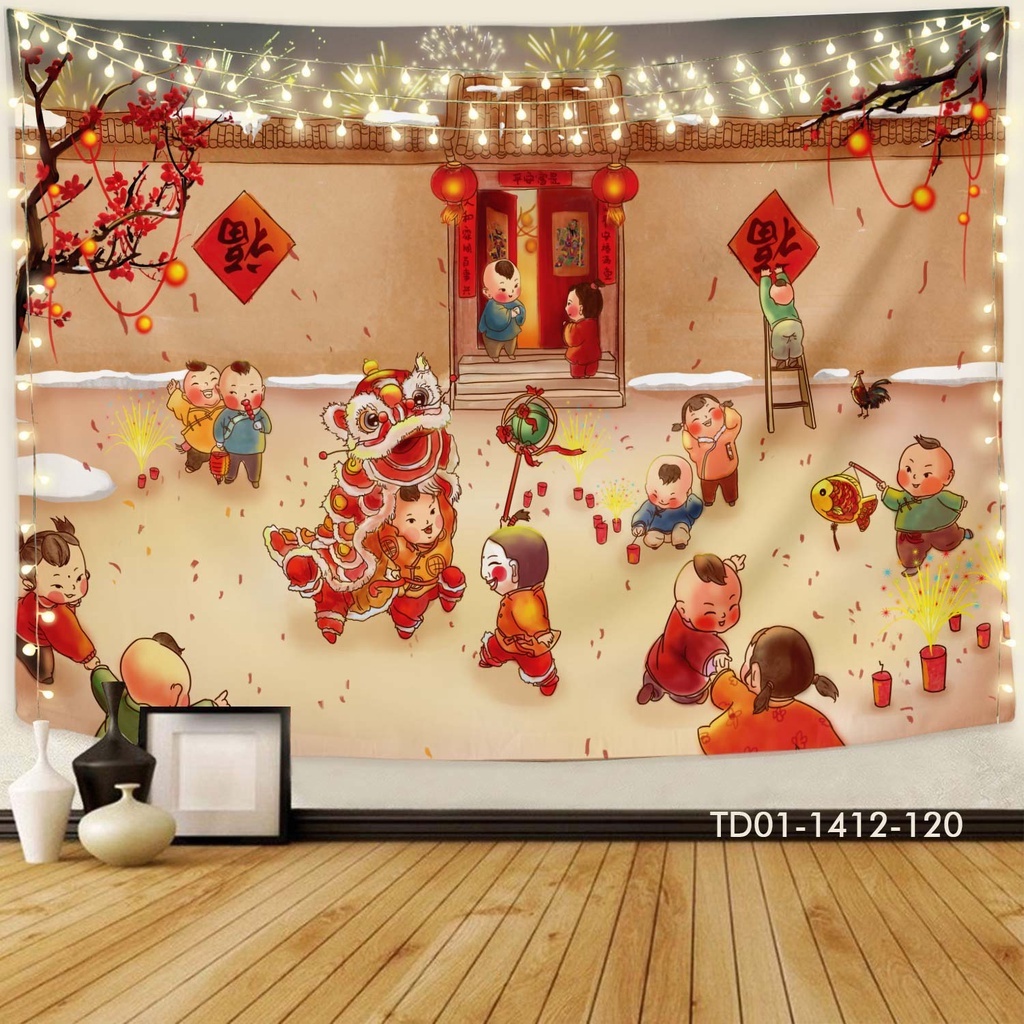 Tranh vải treo tường trang trí TẾT VIỆT,CHÚC MỪNG NĂM MỚI, , HAPPY NEWYEAR (TẶNG móc treo, miếng dán 2 mặt)