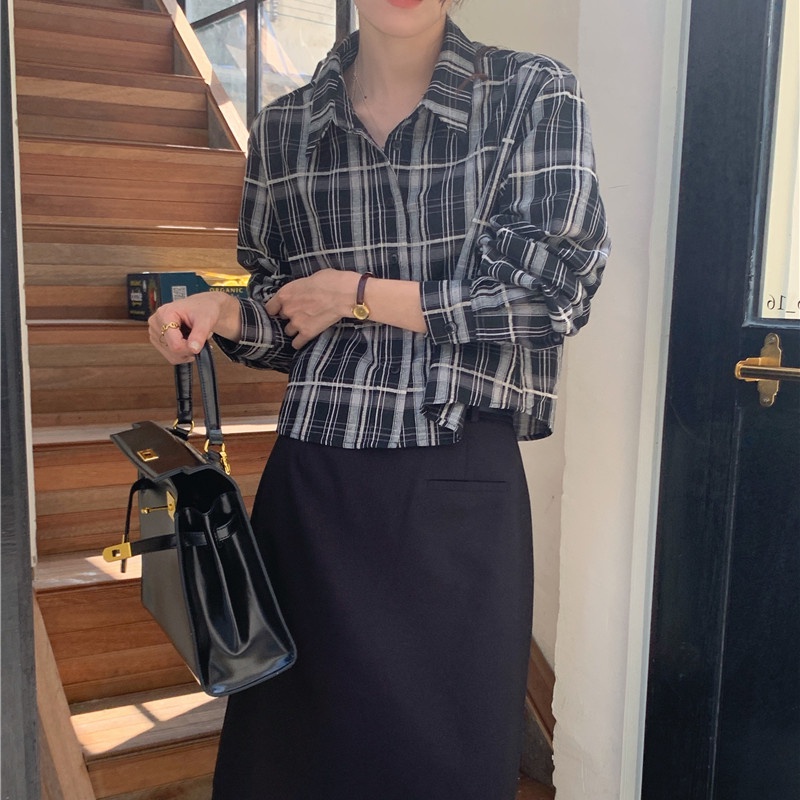 SUXI Áo Sơ Mi Dài Tay Họa Tiết Ca Rô Phong Cách Hàn Quốc Cổ Điển Dành Cho Nữ