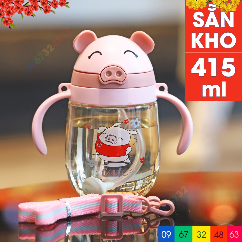 Bình uống nước HÌNH LỢN 415ml có CHỐNG SẶC, kèm DÂY ĐEO, uống sữa, chịu nhiệt tốt, có tay cầm tiện lợi cho bé tập uống