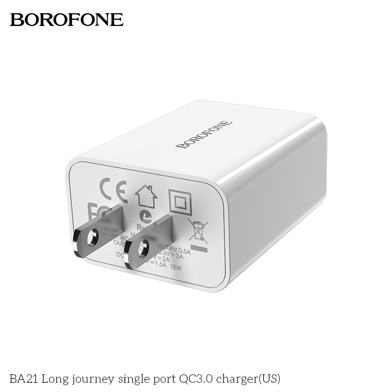 Cốc sạc 18W BOROFONE BA21 cổng ra USB hỗ trợ công nghệ sạc nhanh PD, QC, PFC, AFC, chân cắm dẹt US