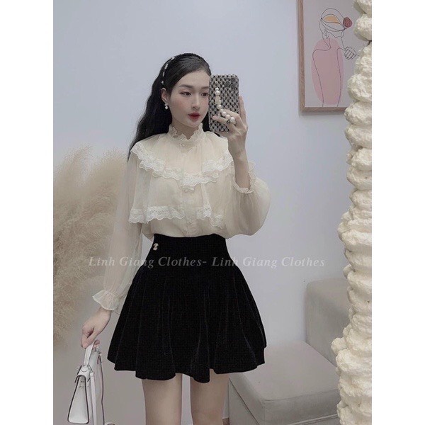 [ảnh thật-sẵn] Sơ mi voan khuy ngọc cổ viền bèo