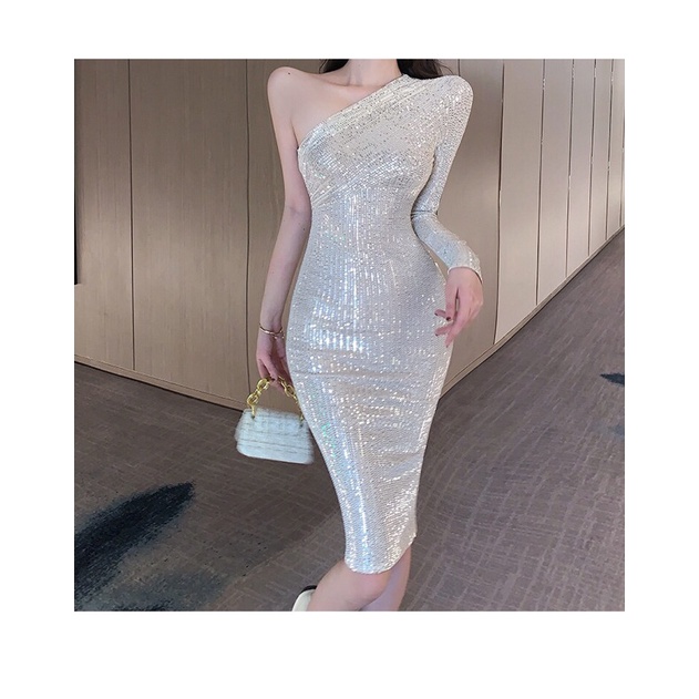 Đầm body lệch vai đính lấp lánh, váy ôm nữ gợi cảm